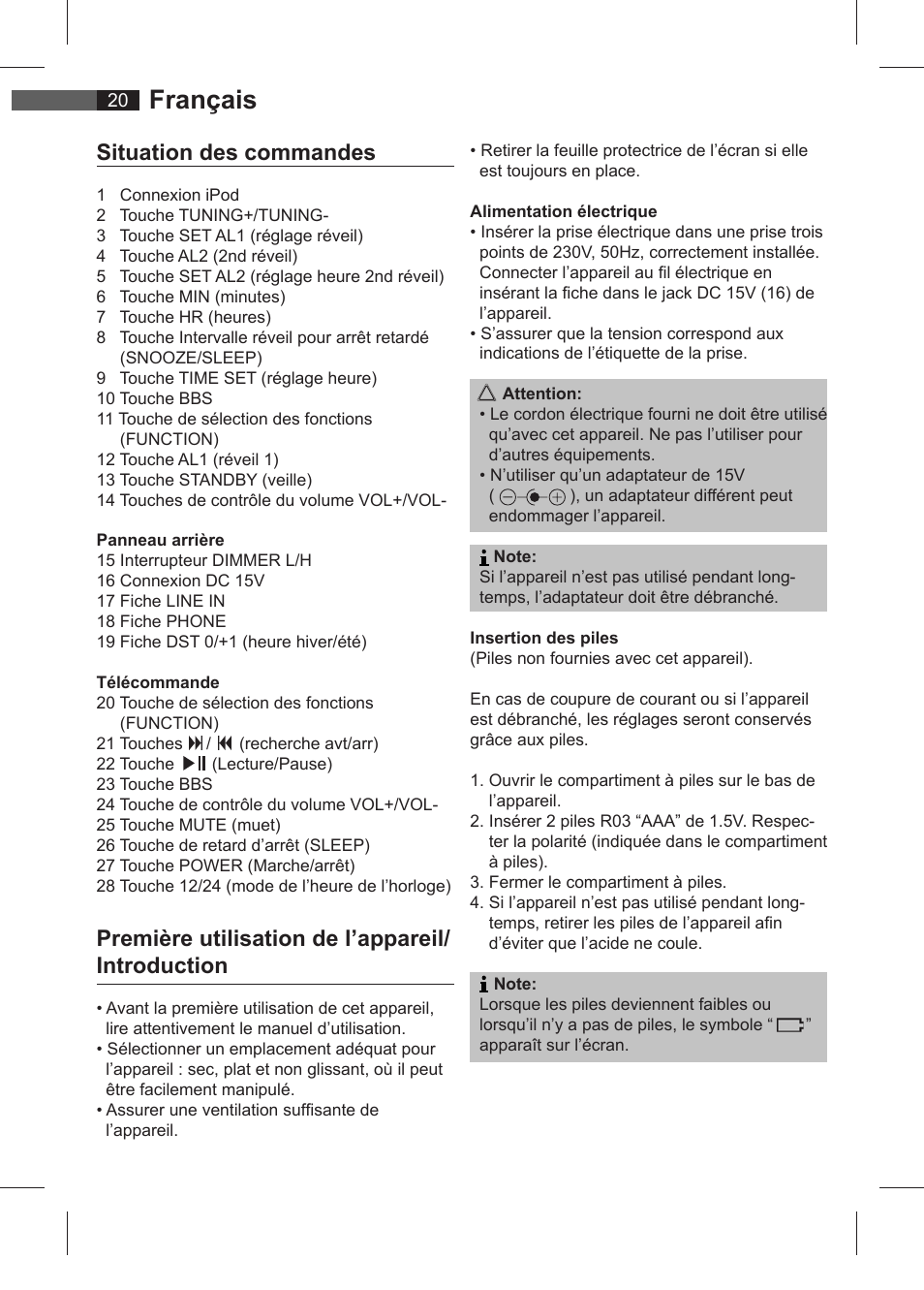 Français, Situation des commandes, Première utilisation de l’appareil/ introduction | AEG SRC 4321 User Manual | Page 20 / 86