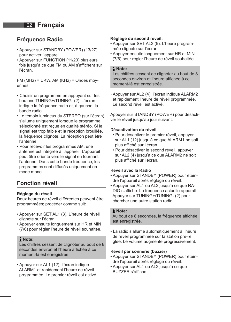 Français, Fréquence radio, Fonction réveil | AEG SRC 4321 User Manual | Page 22 / 86