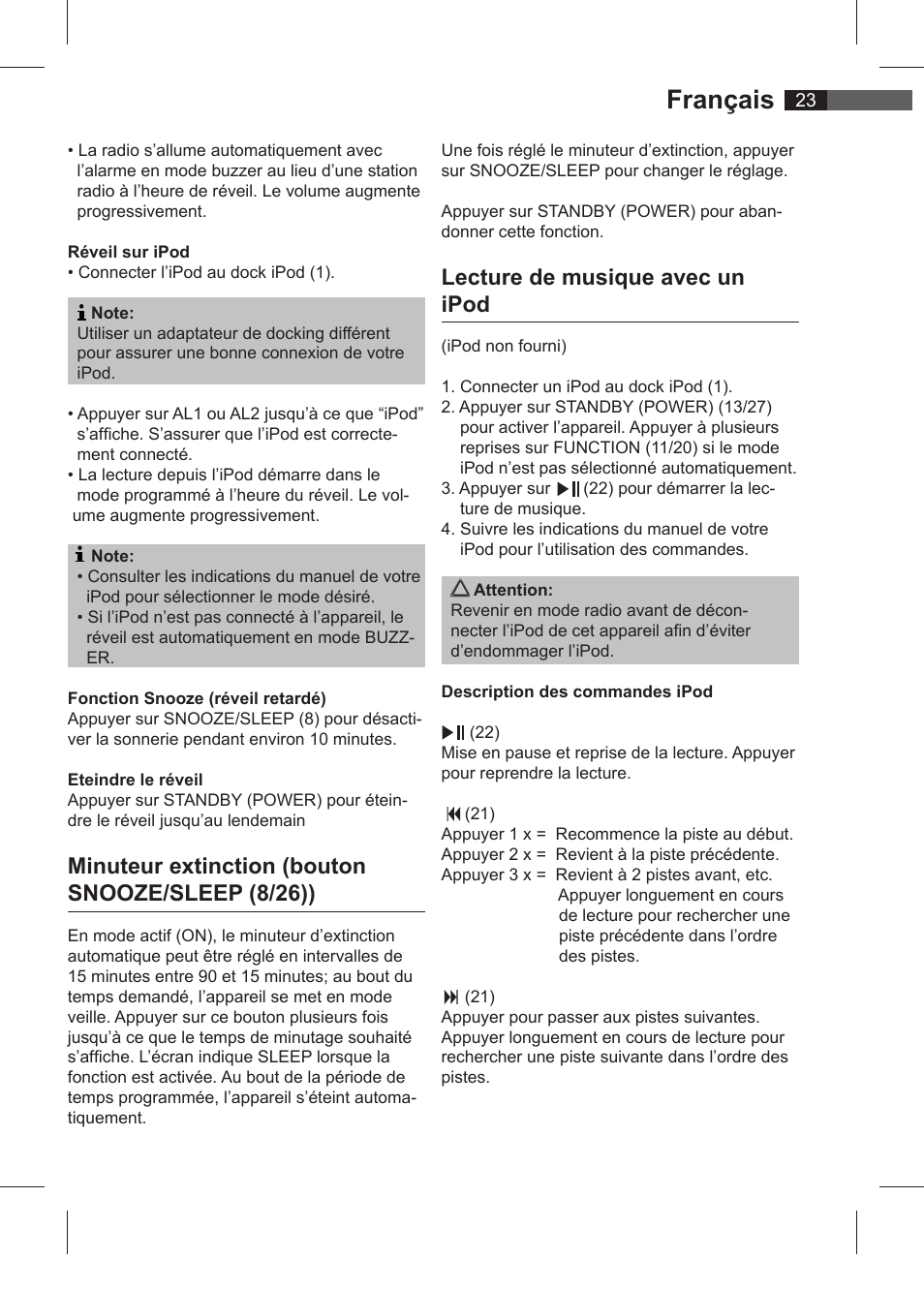 Français, Minuteur extinction (bouton snooze/sleep (8/26)), Lecture de musique avec un ipod | AEG SRC 4321 User Manual | Page 23 / 86