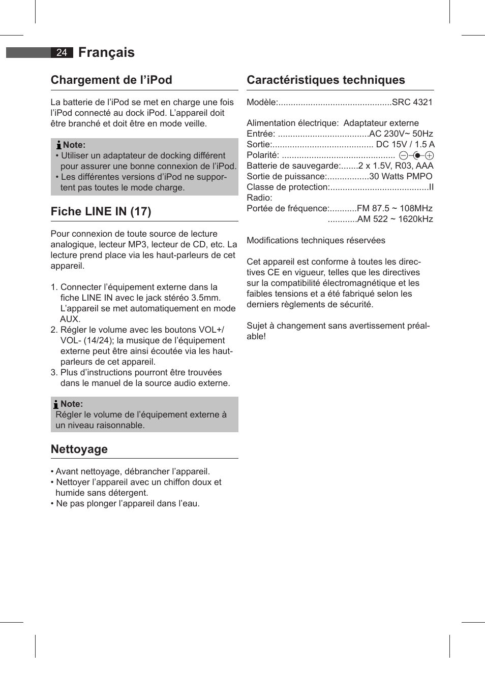 Français, Chargement de l’ipod, Fiche line in (17) | Nettoyage, Caractéristiques techniques | AEG SRC 4321 User Manual | Page 24 / 86