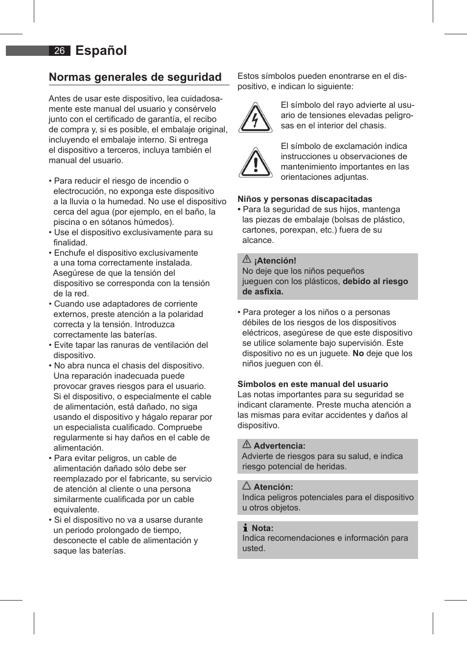 Español, Normas generales de seguridad | AEG SRC 4321 User Manual | Page 26 / 86