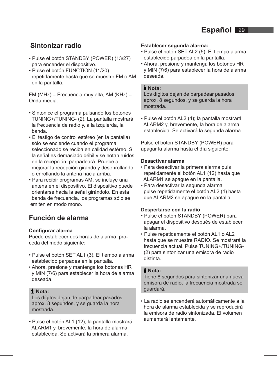 Español, Sintonizar radio, Función de alarma | AEG SRC 4321 User Manual | Page 29 / 86