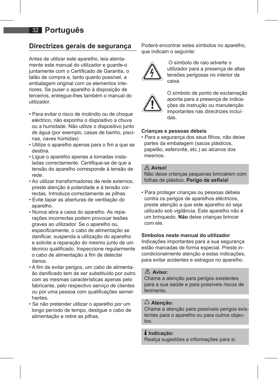 Português, Directrizes gerais de segurança | AEG SRC 4321 User Manual | Page 32 / 86