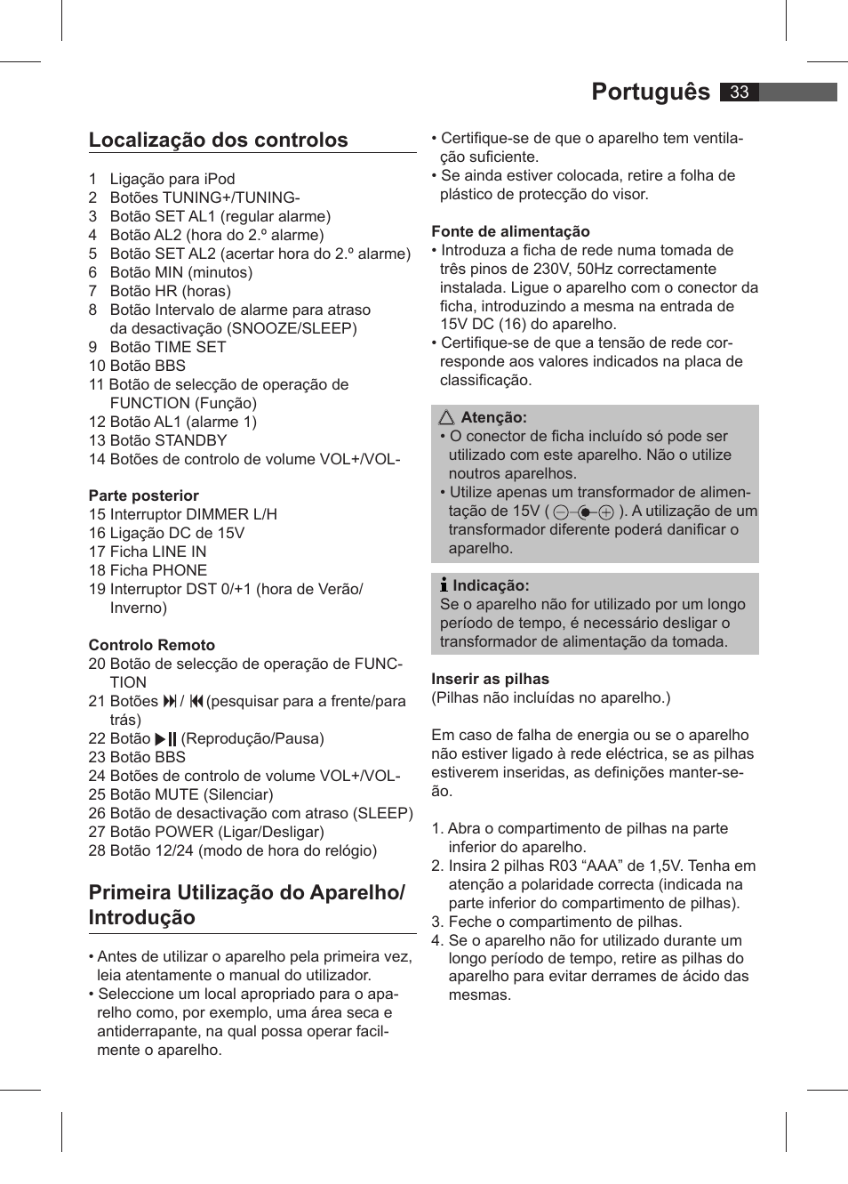 Português, Localização dos controlos, Primeira utilização do aparelho/ introdução | AEG SRC 4321 User Manual | Page 33 / 86