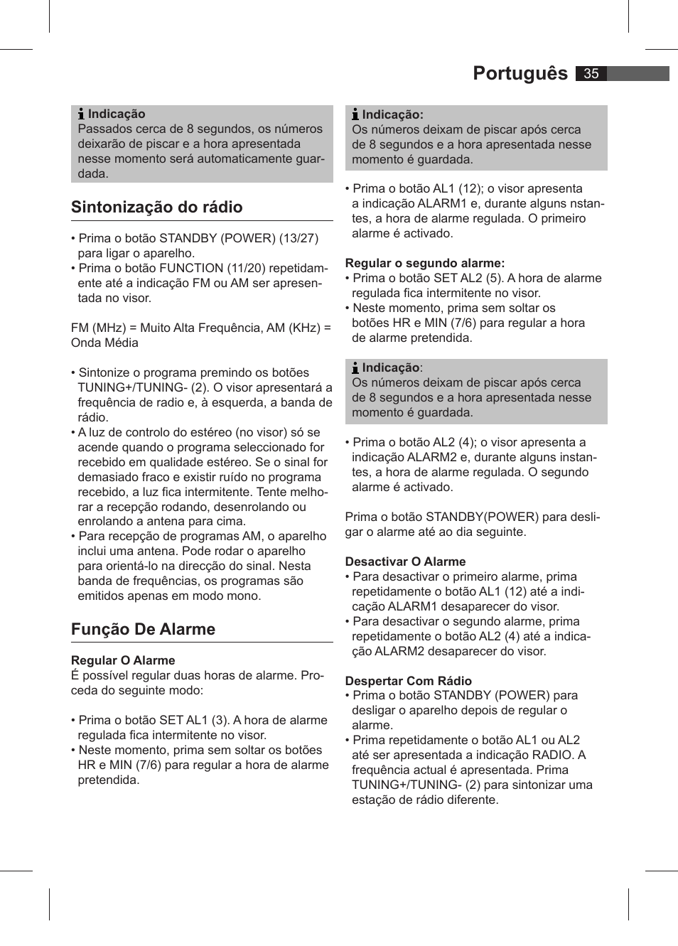 Português, Sintonização do rádio, Função de alarme | AEG SRC 4321 User Manual | Page 35 / 86