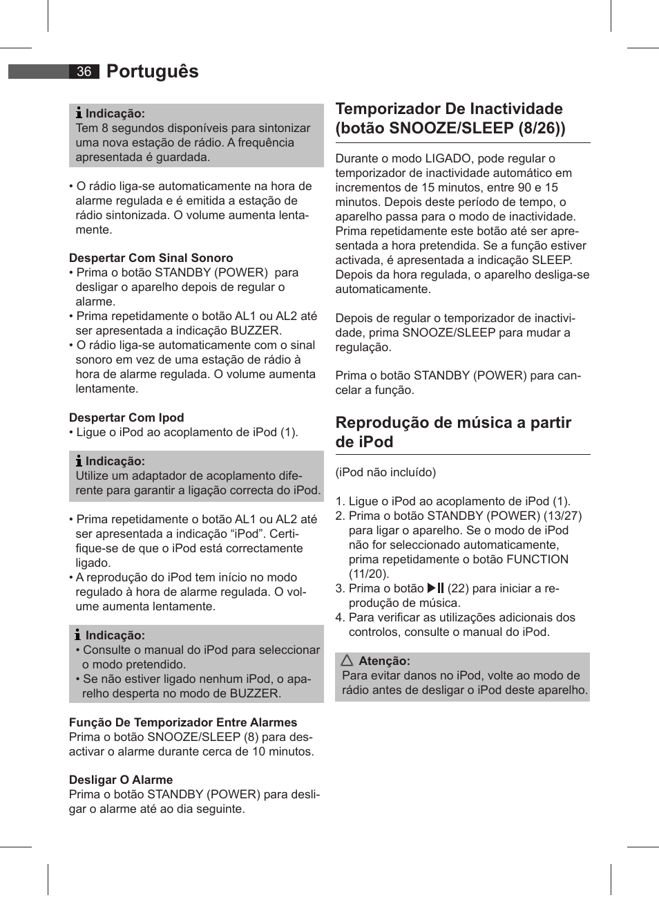 Português, Reprodução de música a partir de ipod | AEG SRC 4321 User Manual | Page 36 / 86