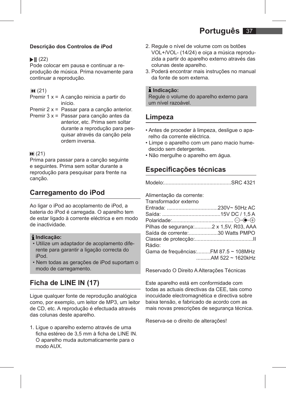 Português, Carregamento do ipod, Ficha de line in (17) | Limpeza, Especifi cações técnicas | AEG SRC 4321 User Manual | Page 37 / 86