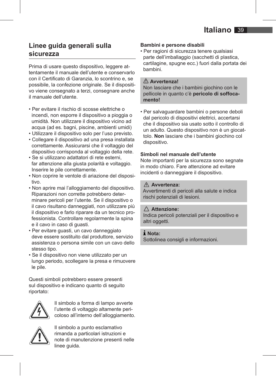 Italiano, Linee guida generali sulla sicurezza | AEG SRC 4321 User Manual | Page 39 / 86