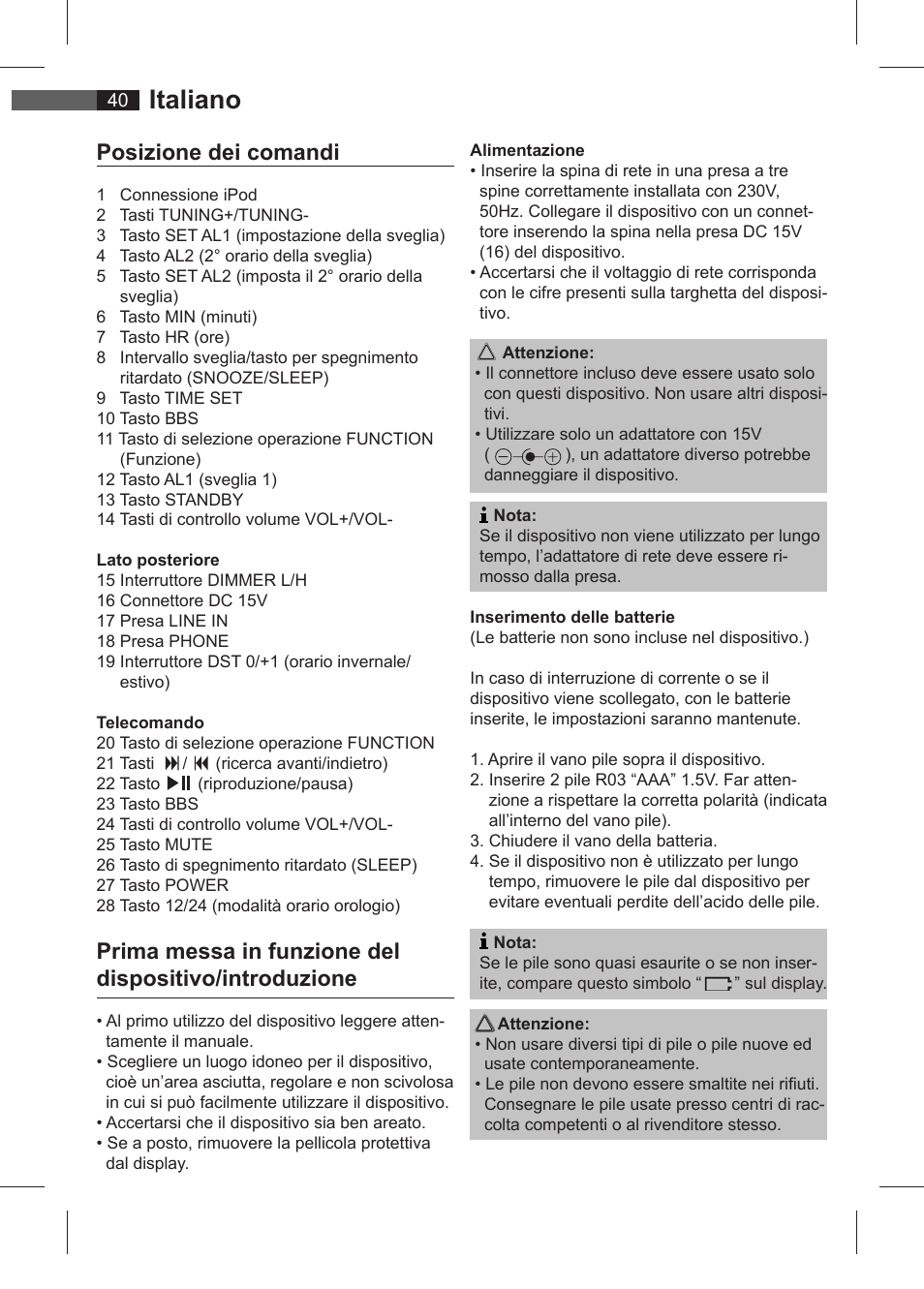 Italiano, Posizione dei comandi | AEG SRC 4321 User Manual | Page 40 / 86