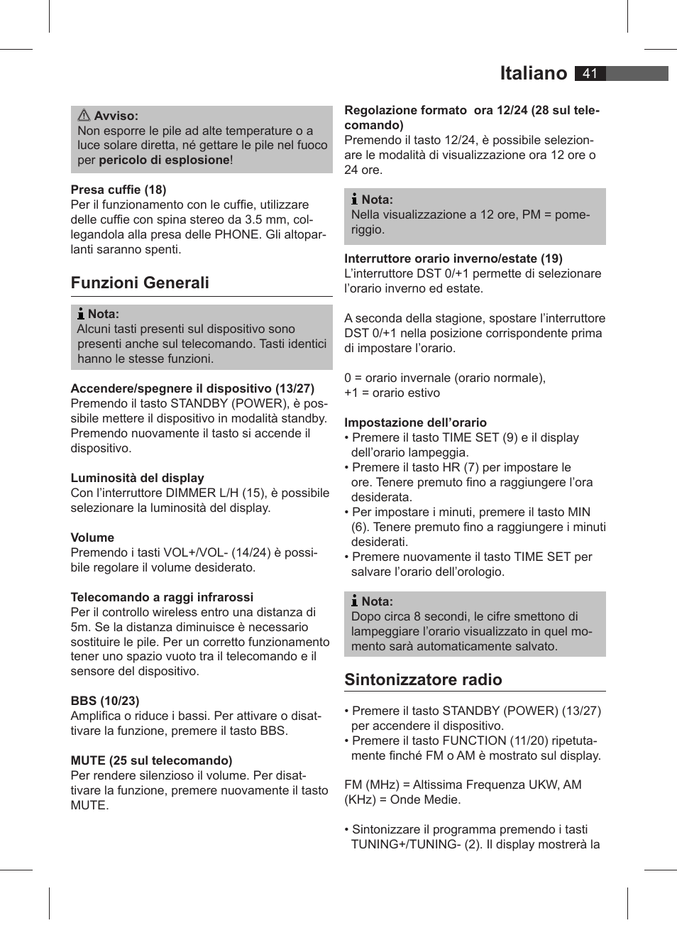 Italiano, Funzioni generali, Sintonizzatore radio | AEG SRC 4321 User Manual | Page 41 / 86