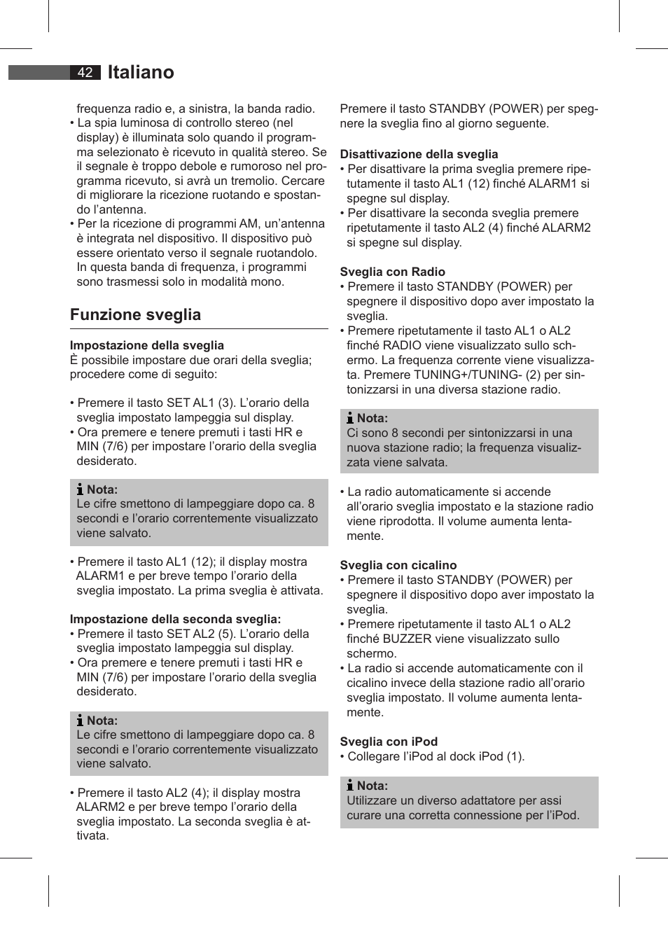 Italiano, Funzione sveglia | AEG SRC 4321 User Manual | Page 42 / 86