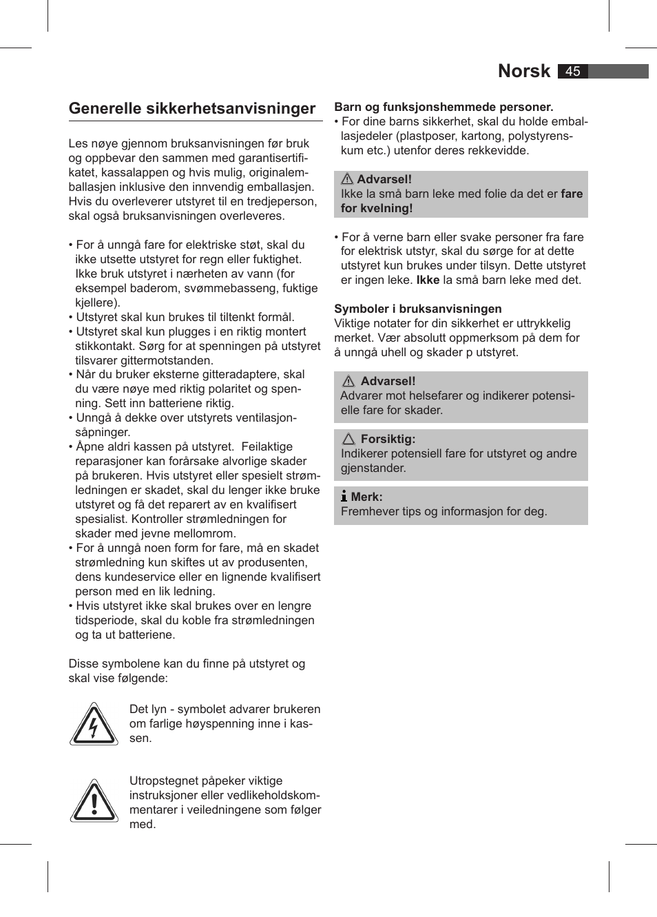 Norsk, Generelle sikkerhetsanvisninger | AEG SRC 4321 User Manual | Page 45 / 86