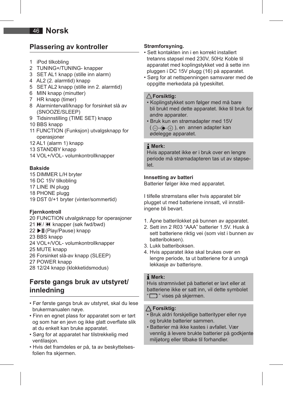 Norsk, Plassering av kontroller, Første gangs bruk av utstyret/ innledning | AEG SRC 4321 User Manual | Page 46 / 86