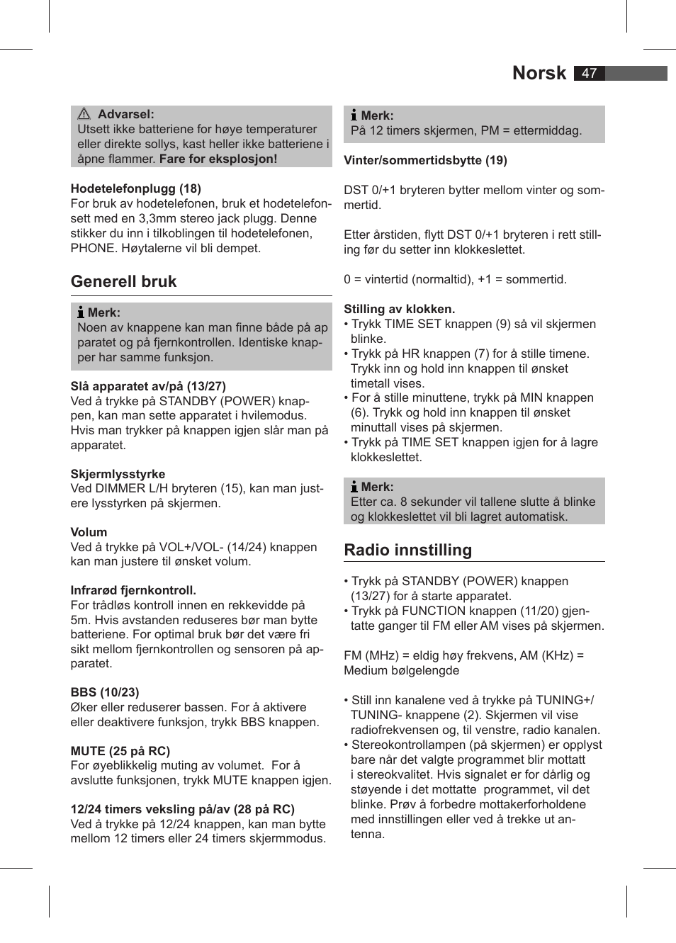 Norsk, Generell bruk, Radio innstilling | AEG SRC 4321 User Manual | Page 47 / 86