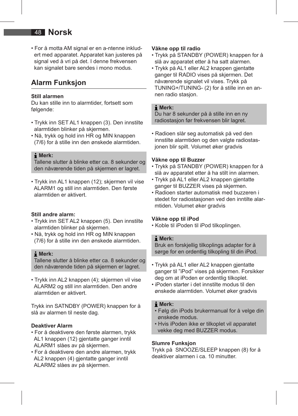 Norsk, Alarm funksjon | AEG SRC 4321 User Manual | Page 48 / 86