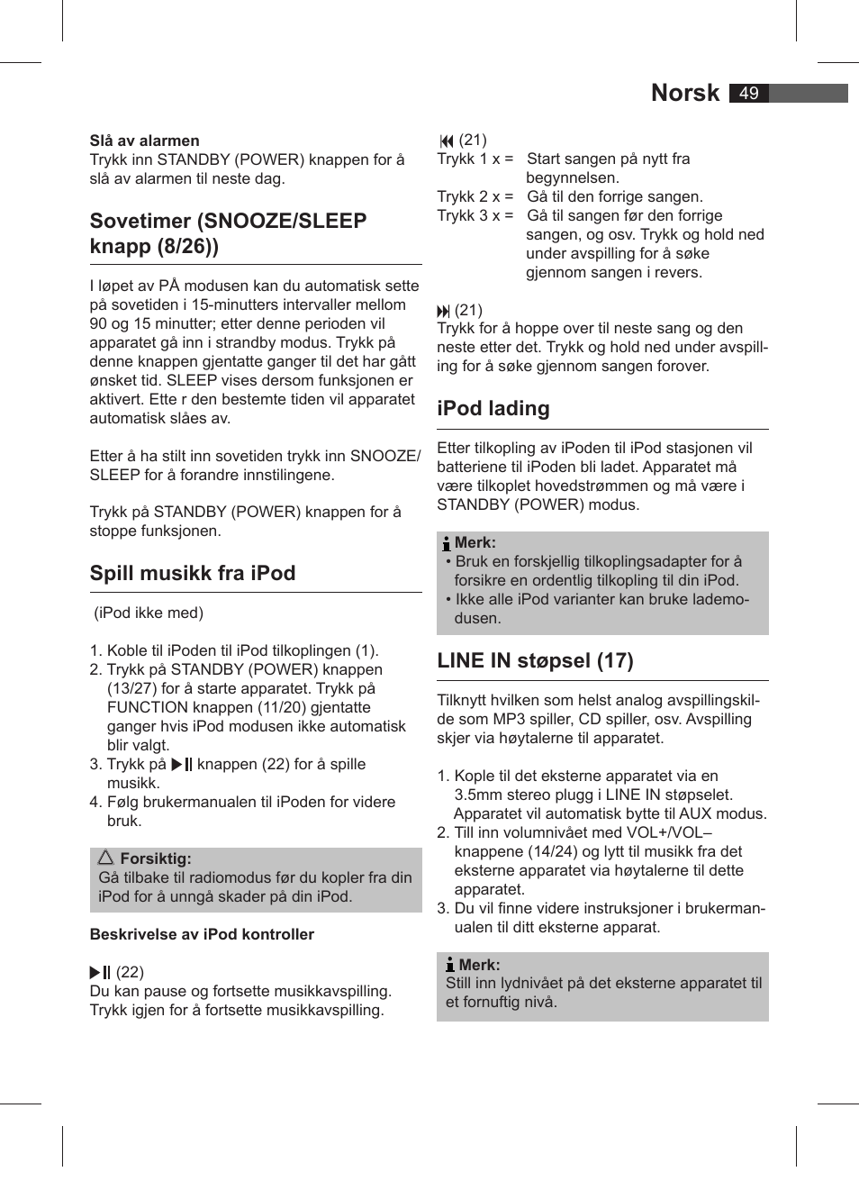 Norsk, Sovetimer (snooze/sleep knapp (8/26)), Spill musikk fra ipod | Ipod lading, Line in støpsel (17) | AEG SRC 4321 User Manual | Page 49 / 86