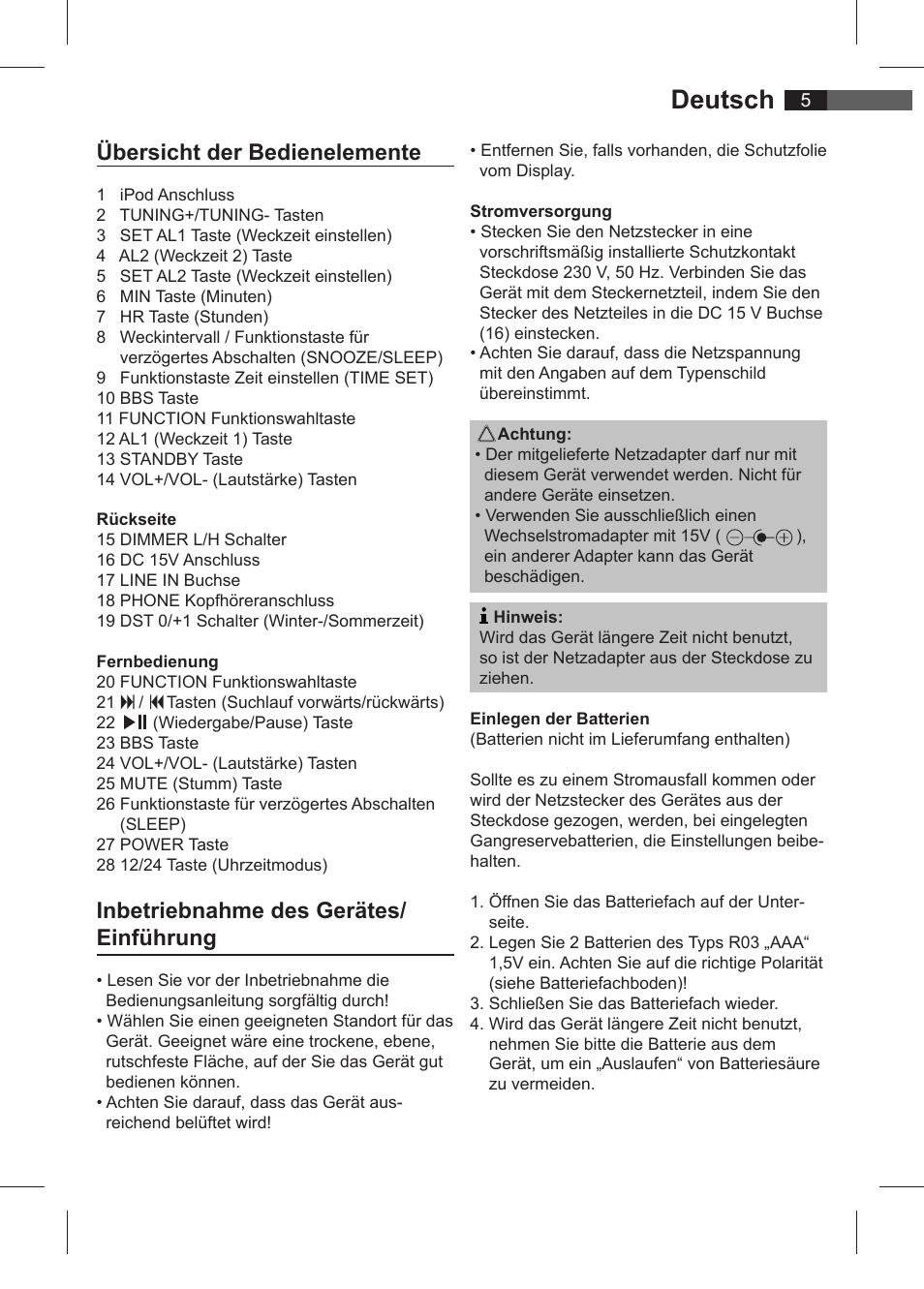 Deutsch, Übersicht der bedienelemente, Inbetriebnahme des gerätes/ einführung | AEG SRC 4321 User Manual | Page 5 / 86