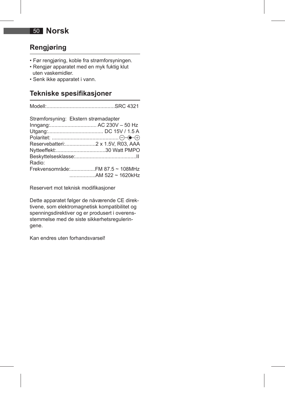 Norsk, Rengjøring, Tekniske spesifi kasjoner | AEG SRC 4321 User Manual | Page 50 / 86