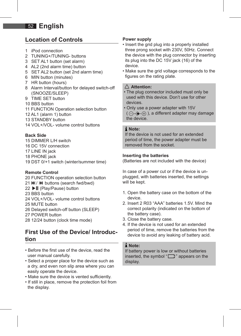 English, Location of controls, First use of the device/ introduc- tion | AEG SRC 4321 User Manual | Page 52 / 86