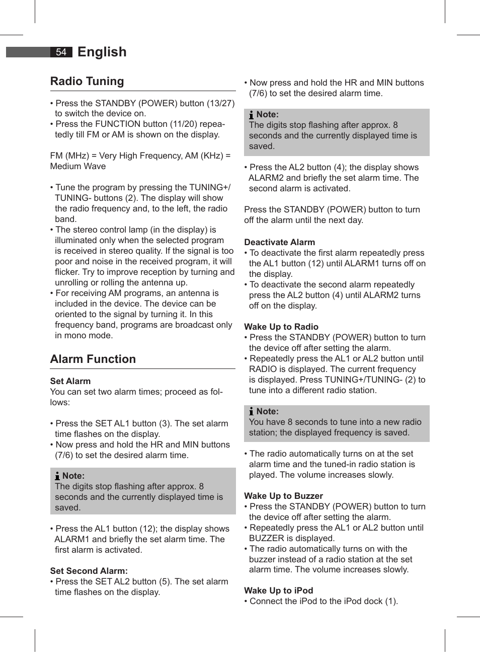 English, Radio tuning, Alarm function | AEG SRC 4321 User Manual | Page 54 / 86