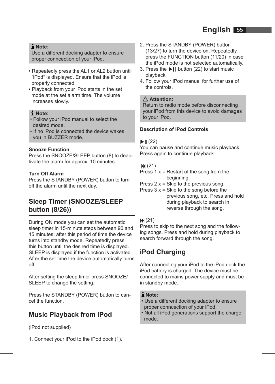 English, Sleep timer (snooze/sleep button (8/26)), Music playback from ipod | Ipod charging | AEG SRC 4321 User Manual | Page 55 / 86