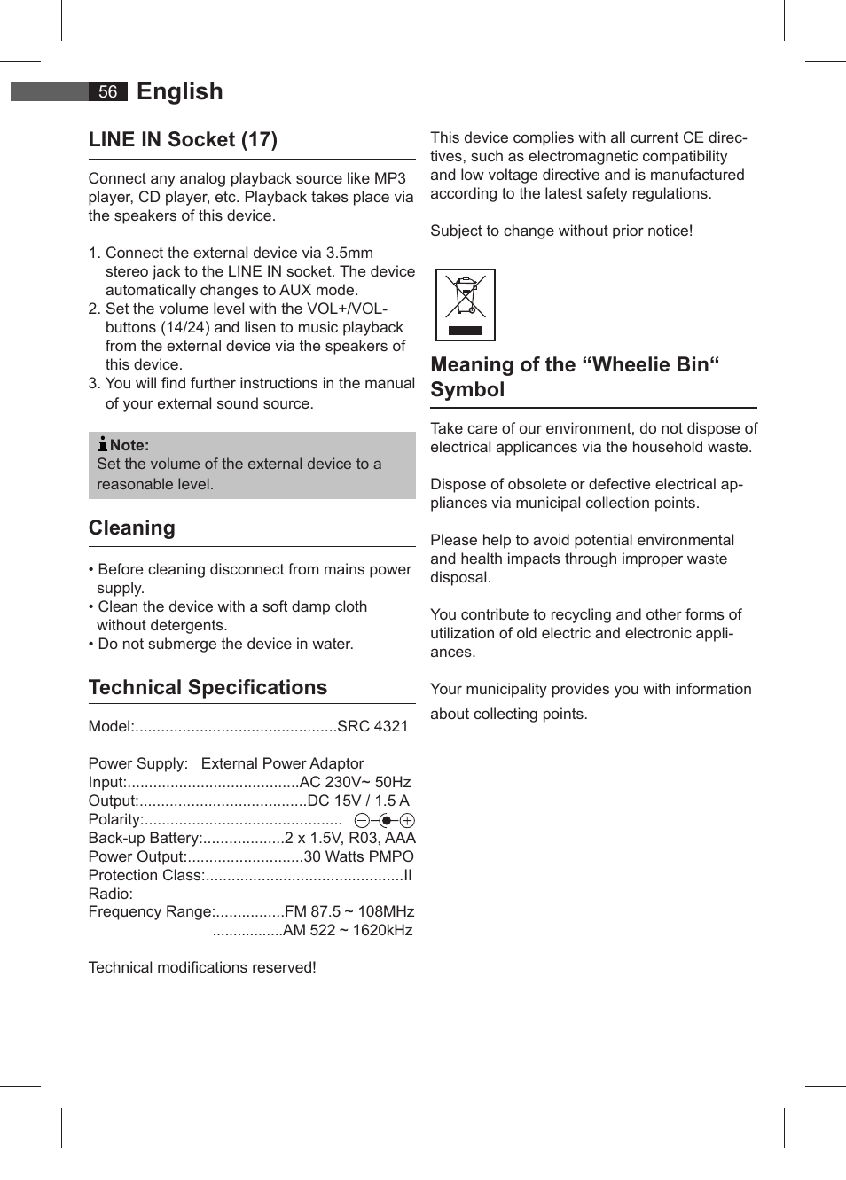 English, Line in socket (17), Cleaning | Technical specifi cations, Meaning of the “wheelie bin“ symbol | AEG SRC 4321 User Manual | Page 56 / 86