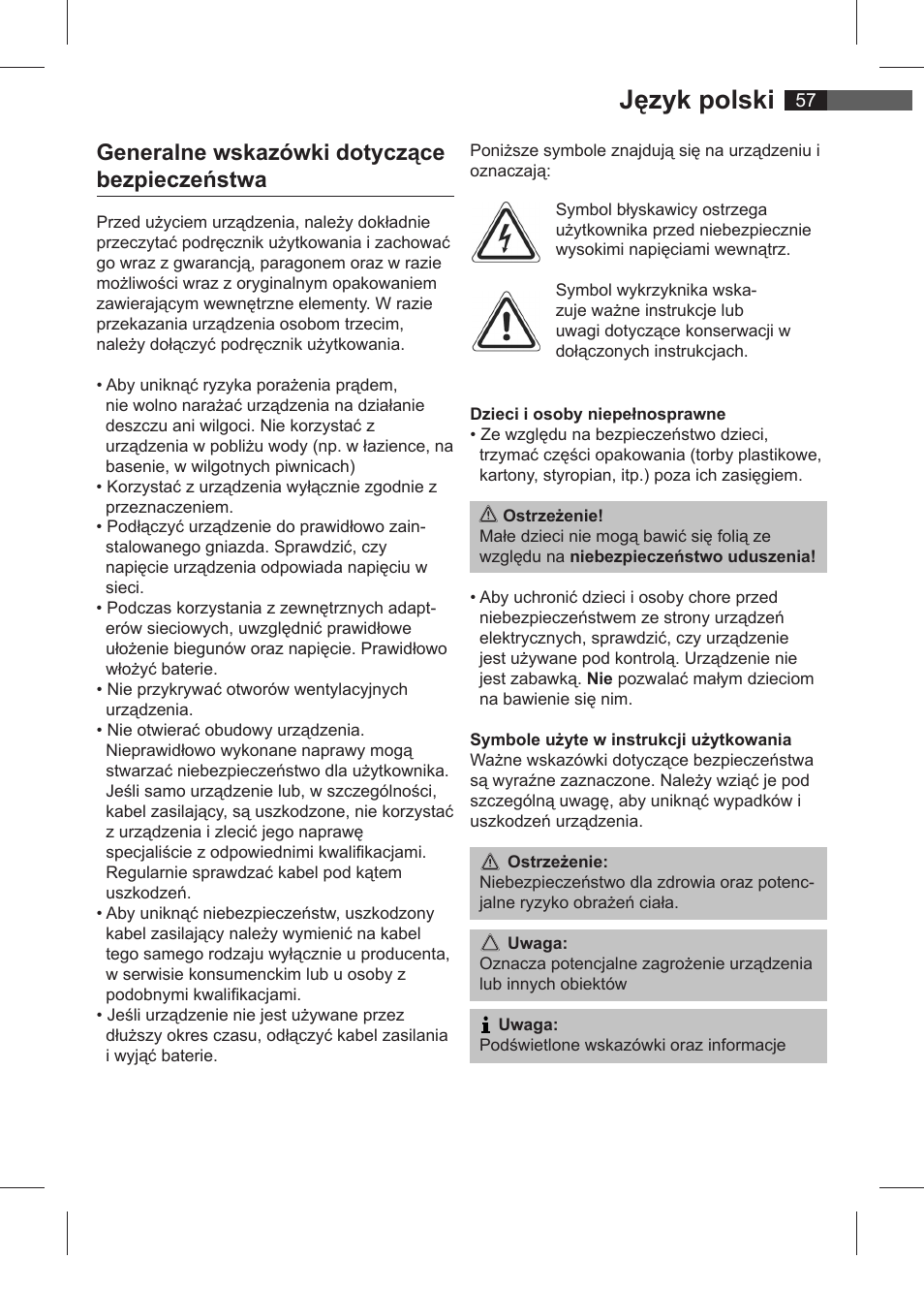 Język polski, Generalne wskazówki dotyczące bezpieczeństwa | AEG SRC 4321 User Manual | Page 57 / 86
