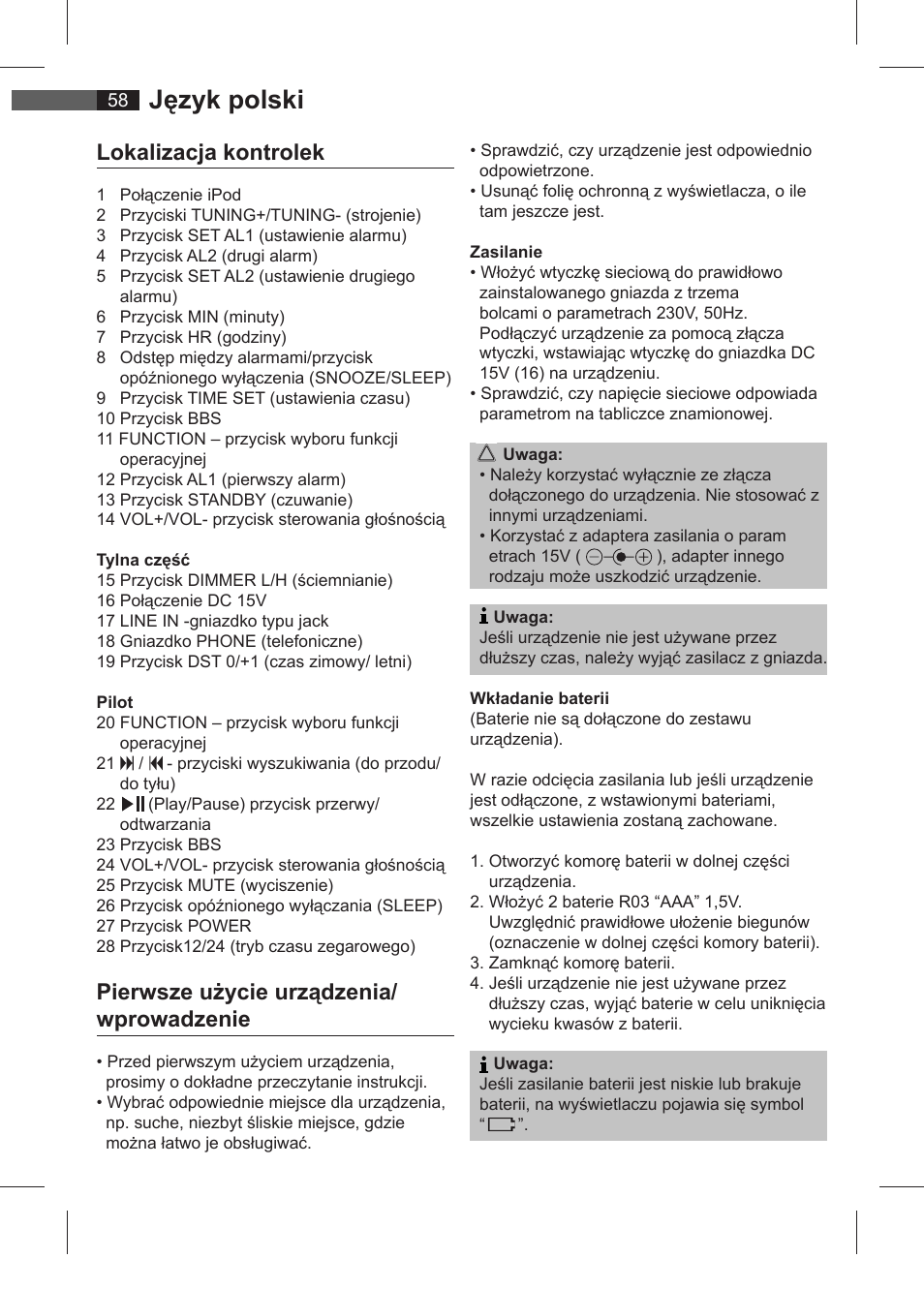 Język polski, Lokalizacja kontrolek, Pierwsze użycie urządzenia/ wprowadzenie | AEG SRC 4321 User Manual | Page 58 / 86