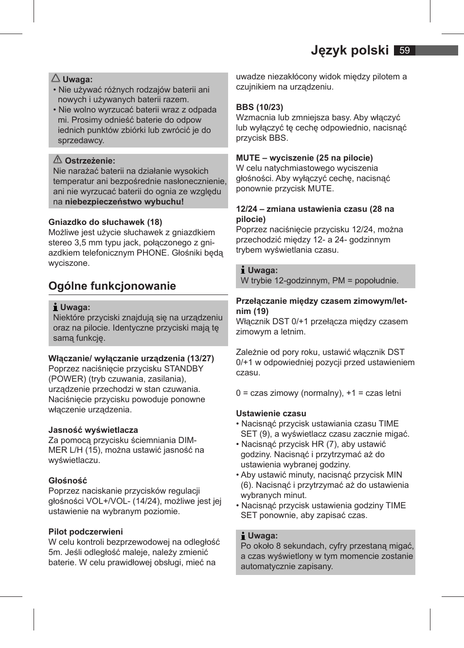 Język polski, Ogólne funkcjonowanie | AEG SRC 4321 User Manual | Page 59 / 86