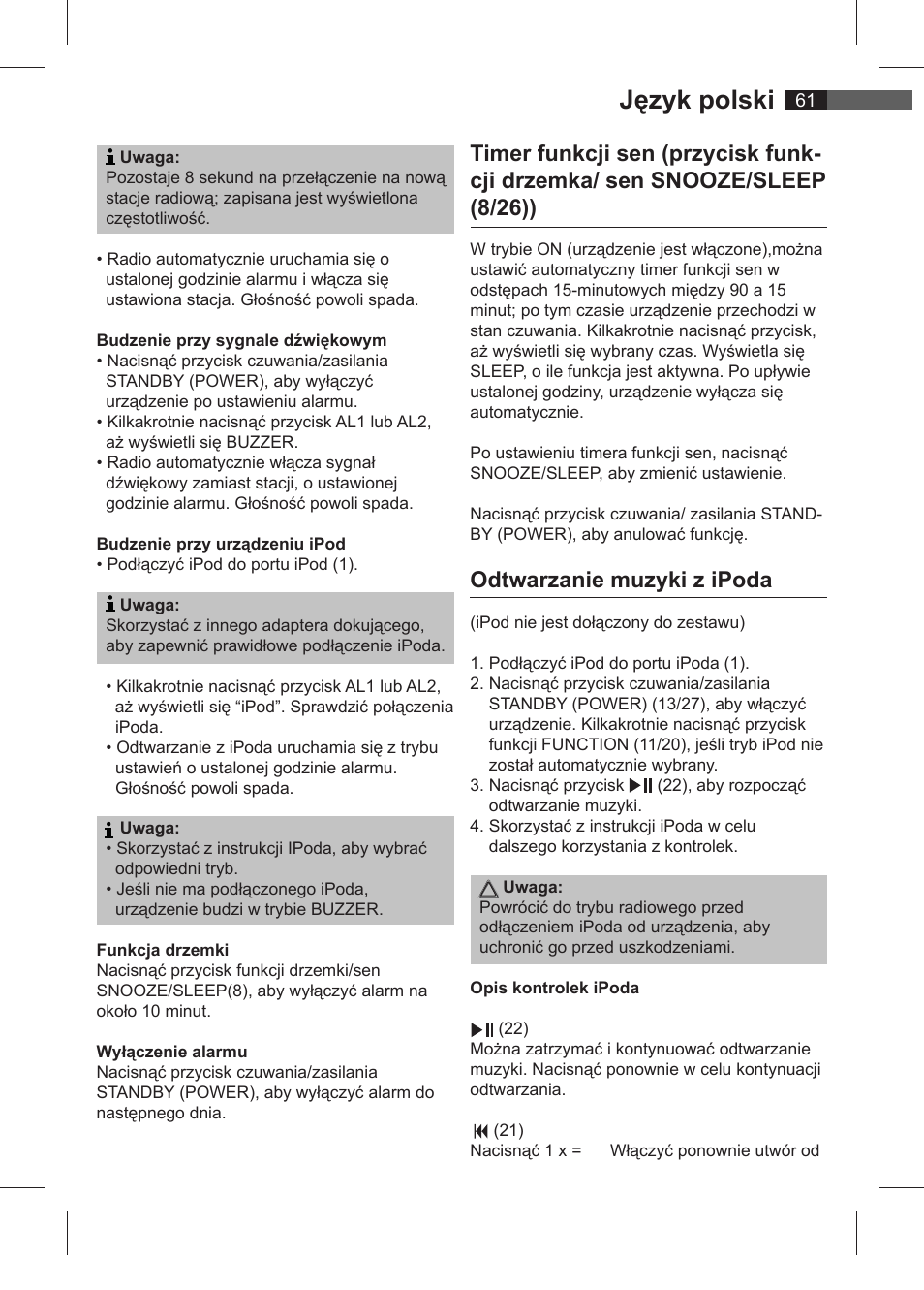 Język polski, Odtwarzanie muzyki z ipoda | AEG SRC 4321 User Manual | Page 61 / 86