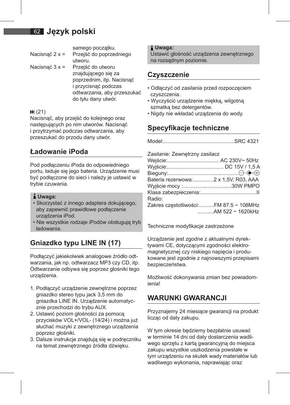 Język polski, Ładowanie ipoda, Gniazdko typu line in (17) | Czyszczenie, Specyfi kacje techniczne, Warunki gwarancji | AEG SRC 4321 User Manual | Page 62 / 86