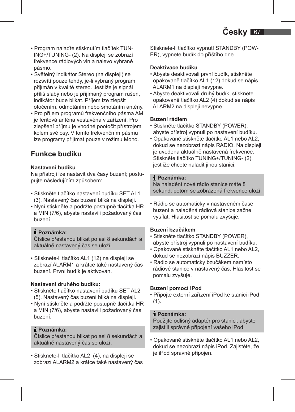 Česky, Funkce budíku | AEG SRC 4321 User Manual | Page 67 / 86