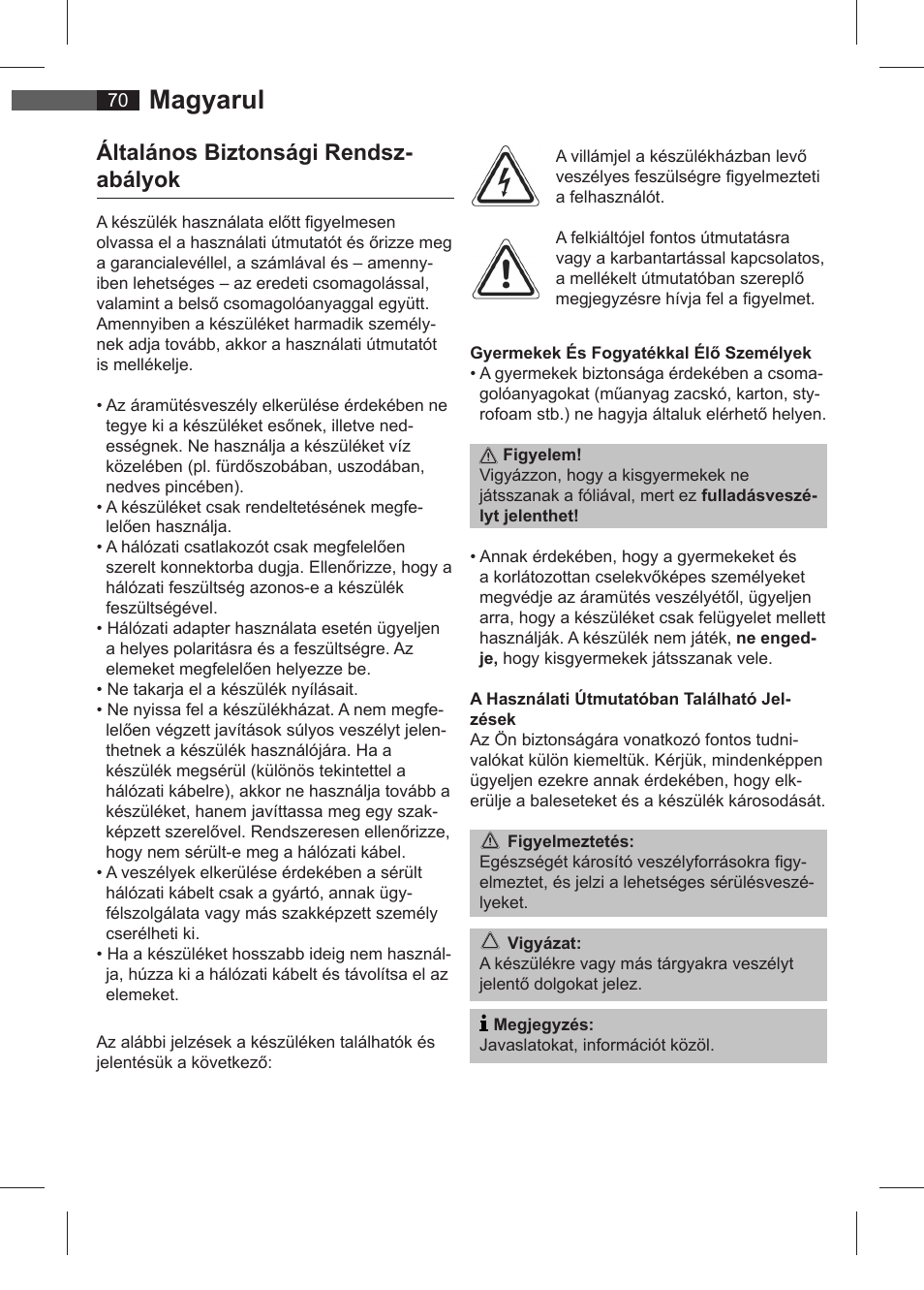 Magyarul, Általános biztonsági rendsz- abályok | AEG SRC 4321 User Manual | Page 70 / 86