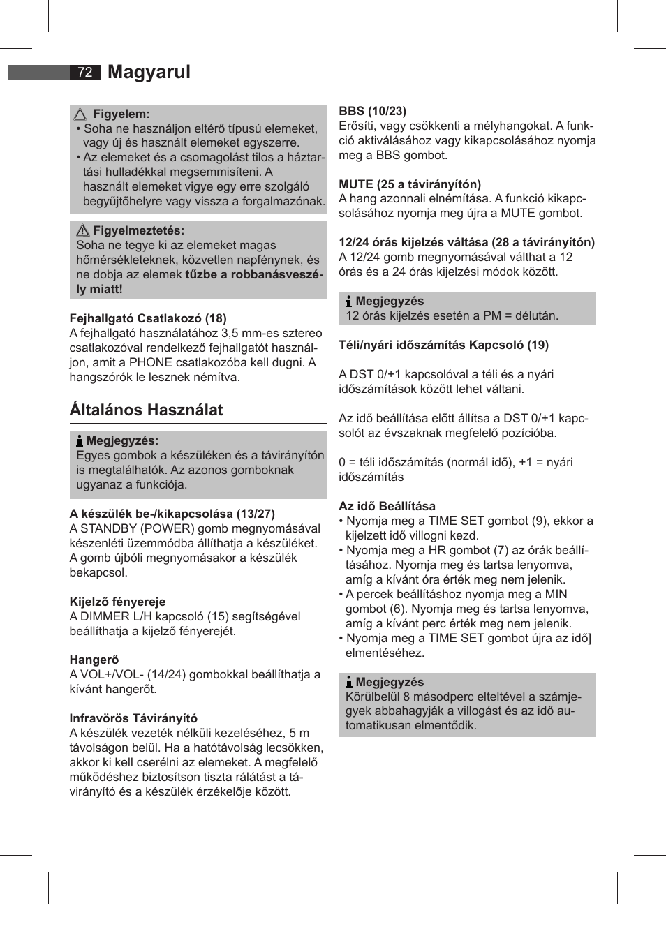 Magyarul, Általános használat | AEG SRC 4321 User Manual | Page 72 / 86