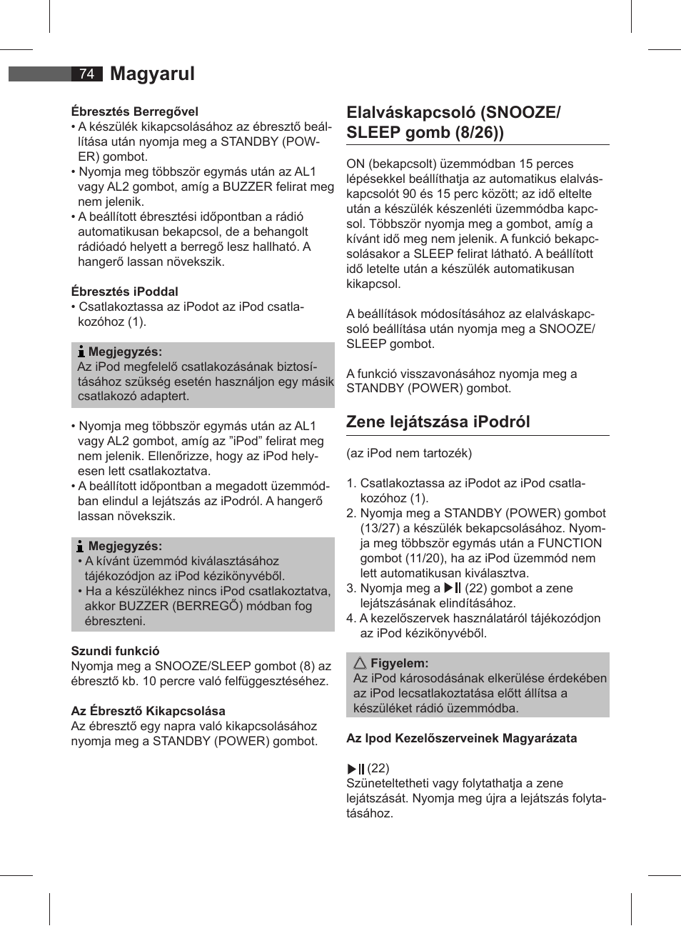 Magyarul, Elalváskapcsoló (snooze/ sleep gomb (8/26)), Zene lejátszása ipodról | AEG SRC 4321 User Manual | Page 74 / 86