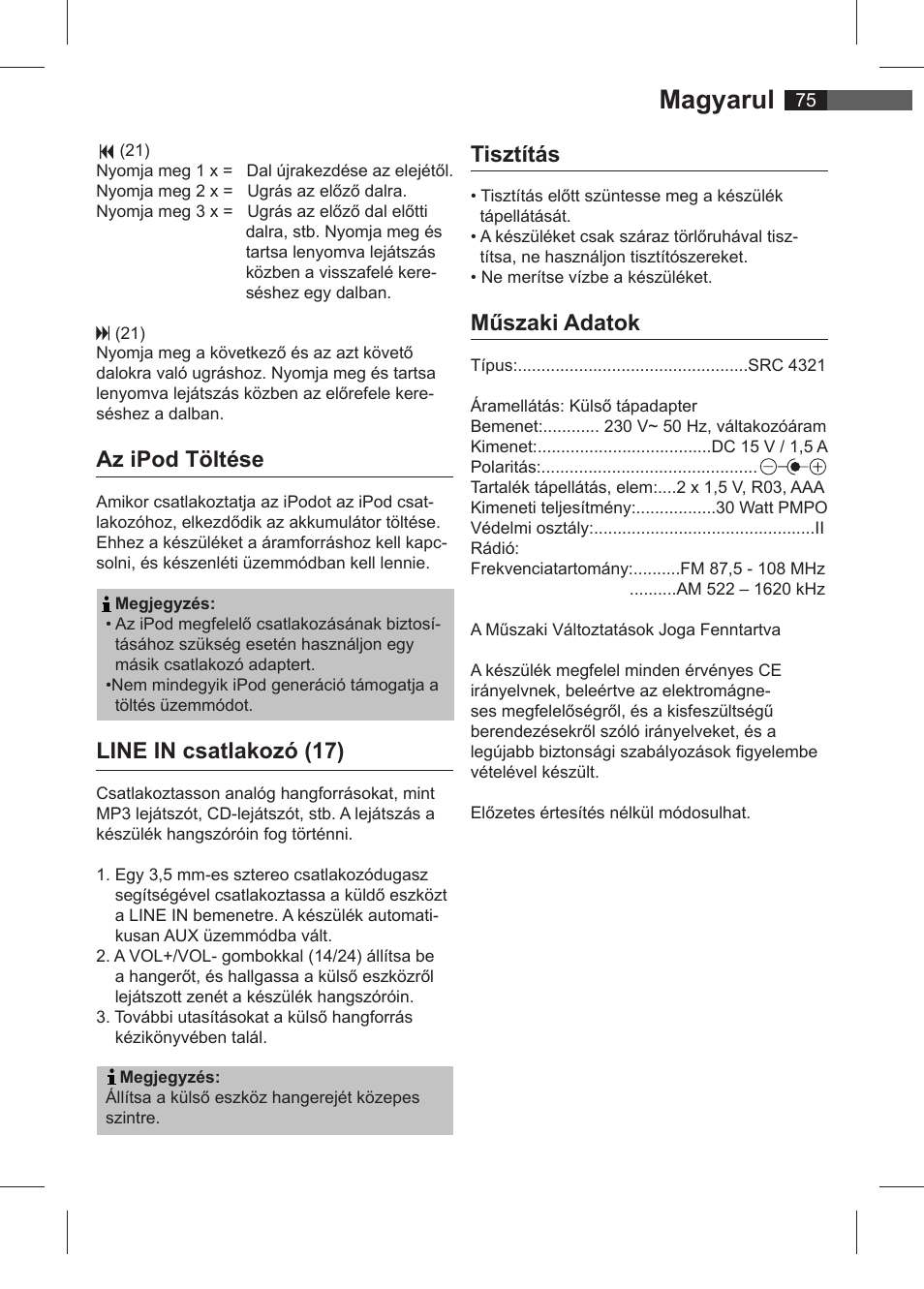 Magyarul, Tisztítás, Műszaki adatok | Az ipod töltése, Line in csatlakozó (17) | AEG SRC 4321 User Manual | Page 75 / 86