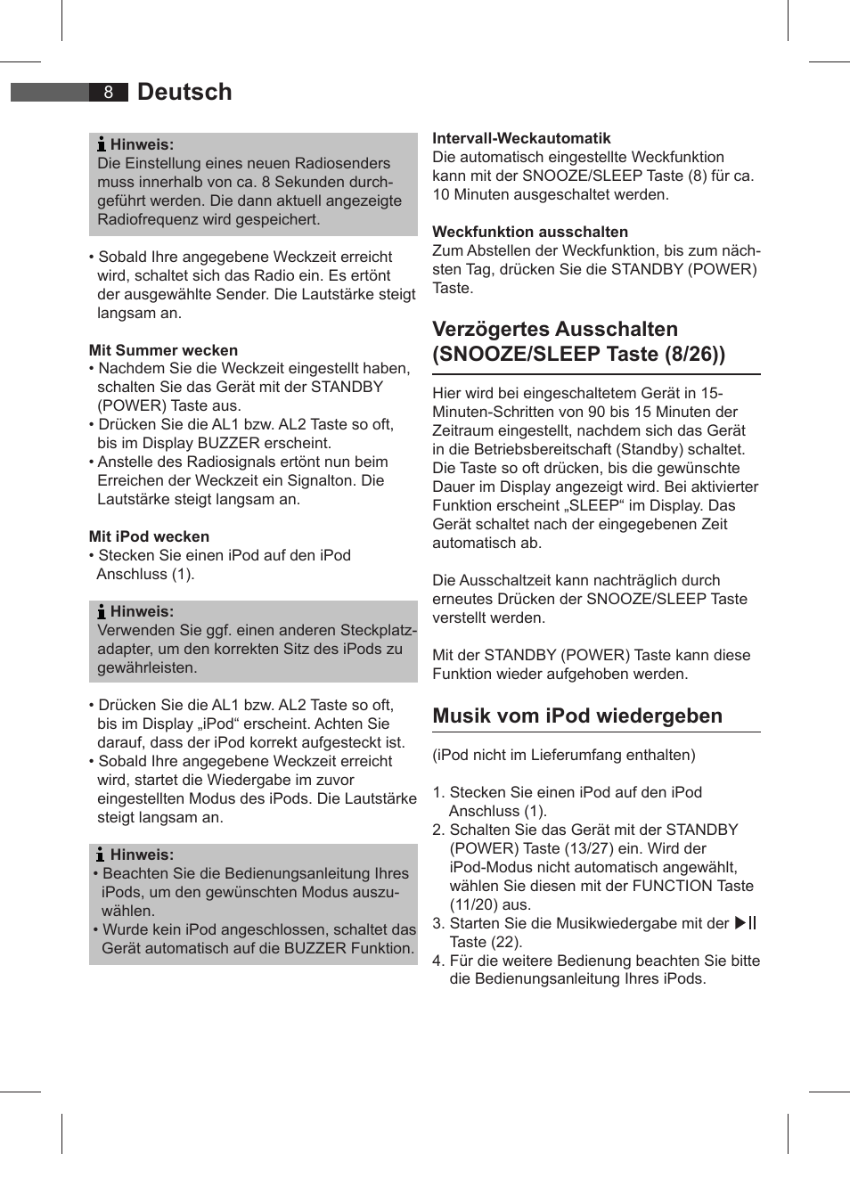 Deutsch, Musik vom ipod wiedergeben | AEG SRC 4321 User Manual | Page 8 / 86