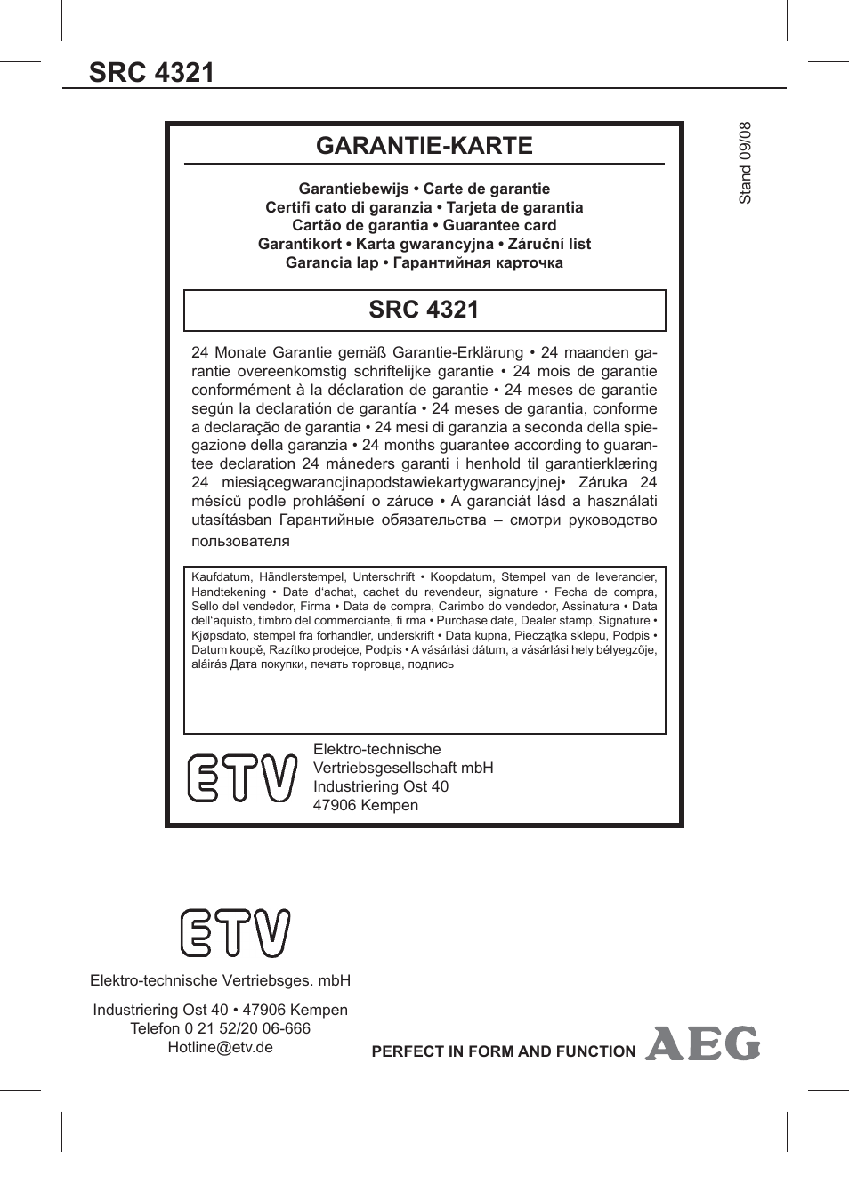 Src 4321, Garantie-karte | AEG SRC 4321 User Manual | Page 86 / 86