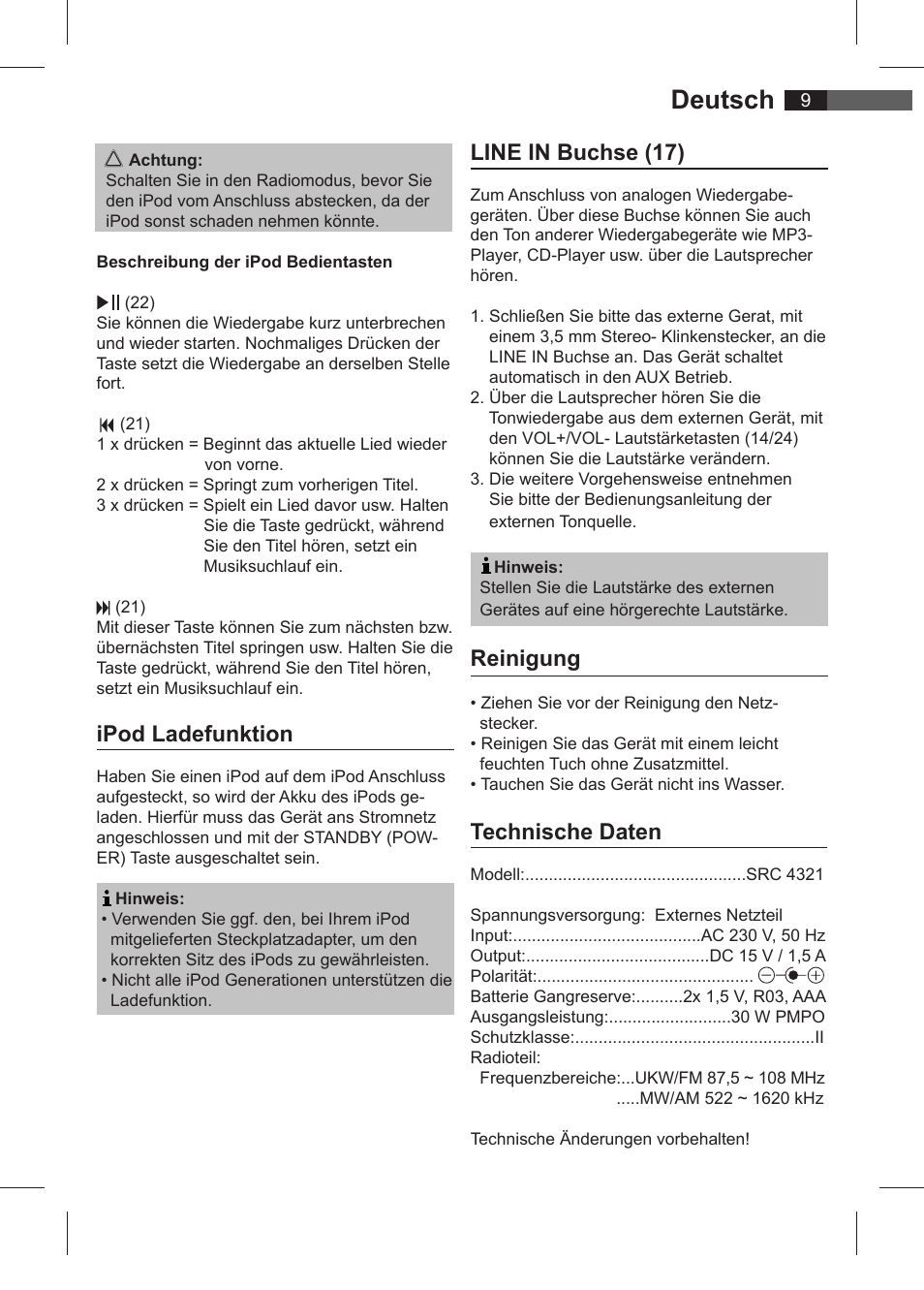 Deutsch, Ipod ladefunktion, Line in buchse (17) | Reinigung, Technische daten | AEG SRC 4321 User Manual | Page 9 / 86