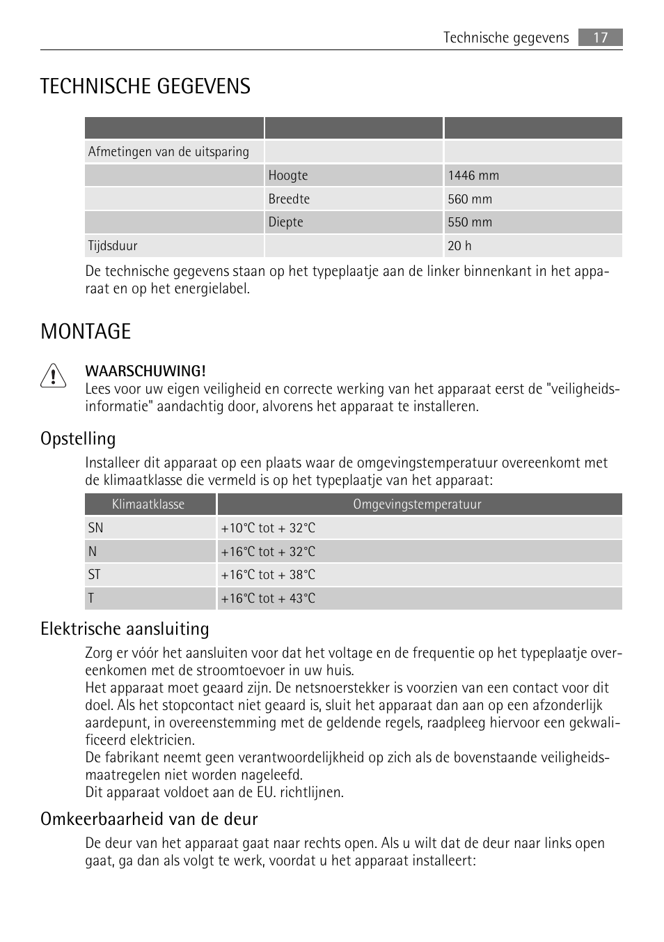 Technische gegevens, Montage, Opstelling | Elektrische aansluiting, Omkeerbaarheid van de deur | AEG SCN91800C1 User Manual | Page 17 / 92