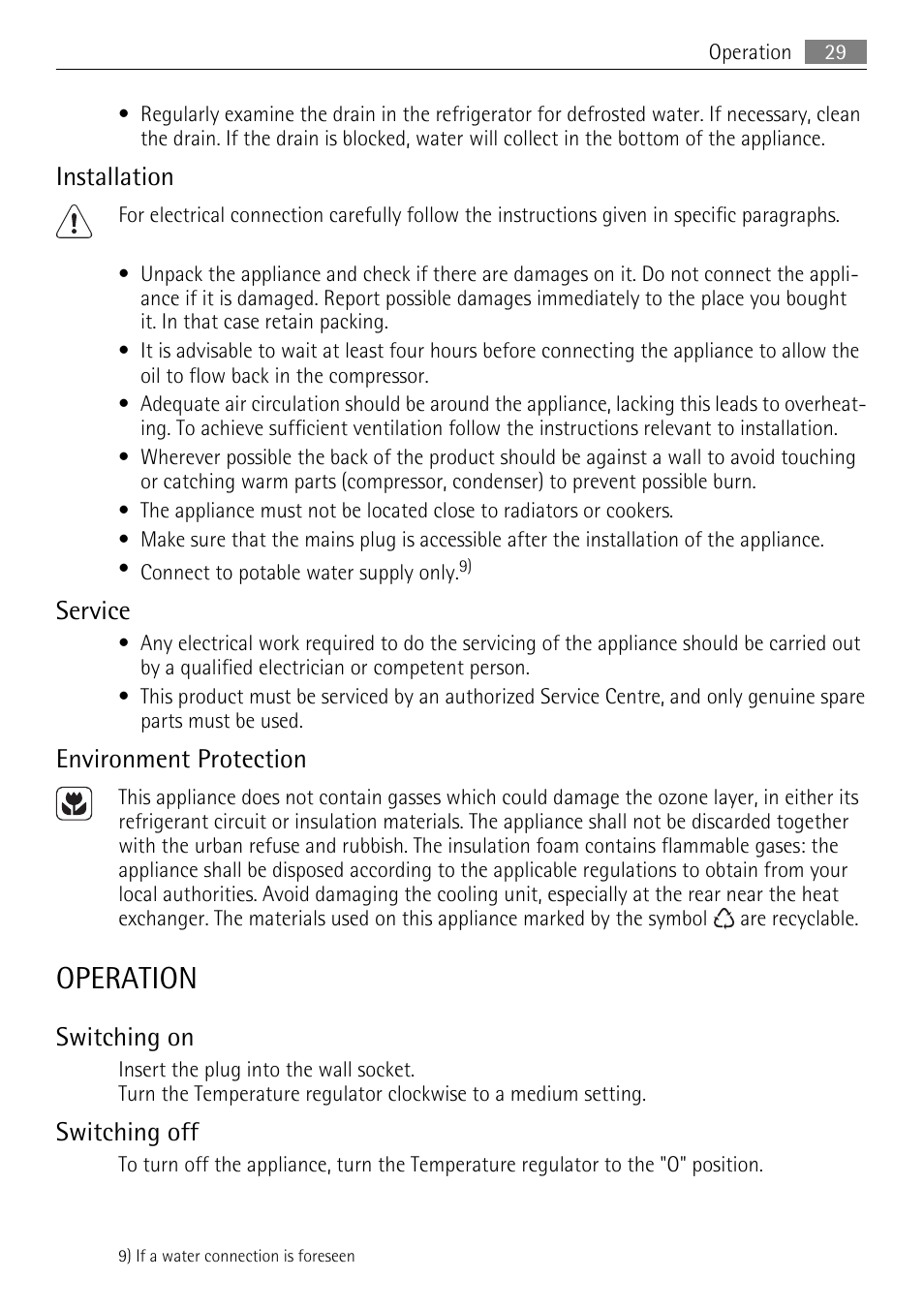 Operation, Installation, Service | Environment protection, Switching on, Switching off | AEG SCN91800C1 User Manual | Page 29 / 92