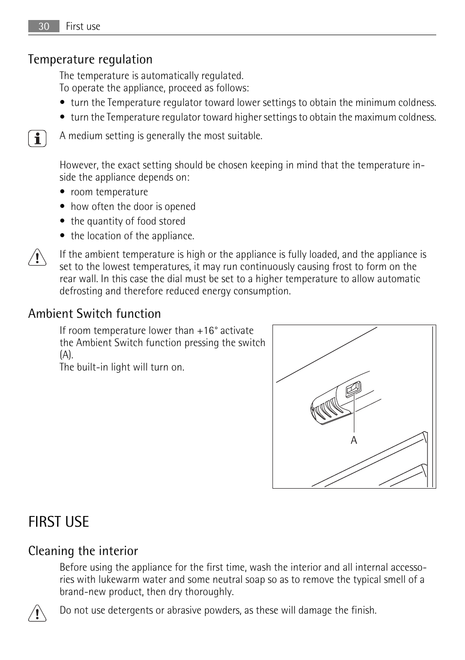 First use, Temperature regulation, Ambient switch function | Cleaning the interior | AEG SCN91800C1 User Manual | Page 30 / 92