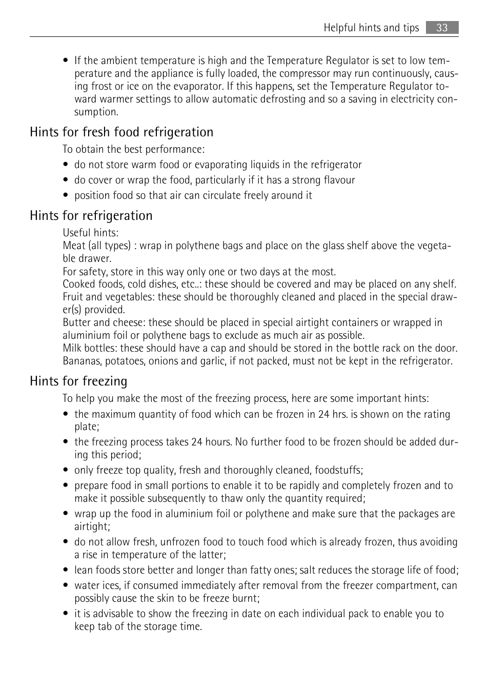 Hints for fresh food refrigeration, Hints for refrigeration, Hints for freezing | AEG SCN91800C1 User Manual | Page 33 / 92