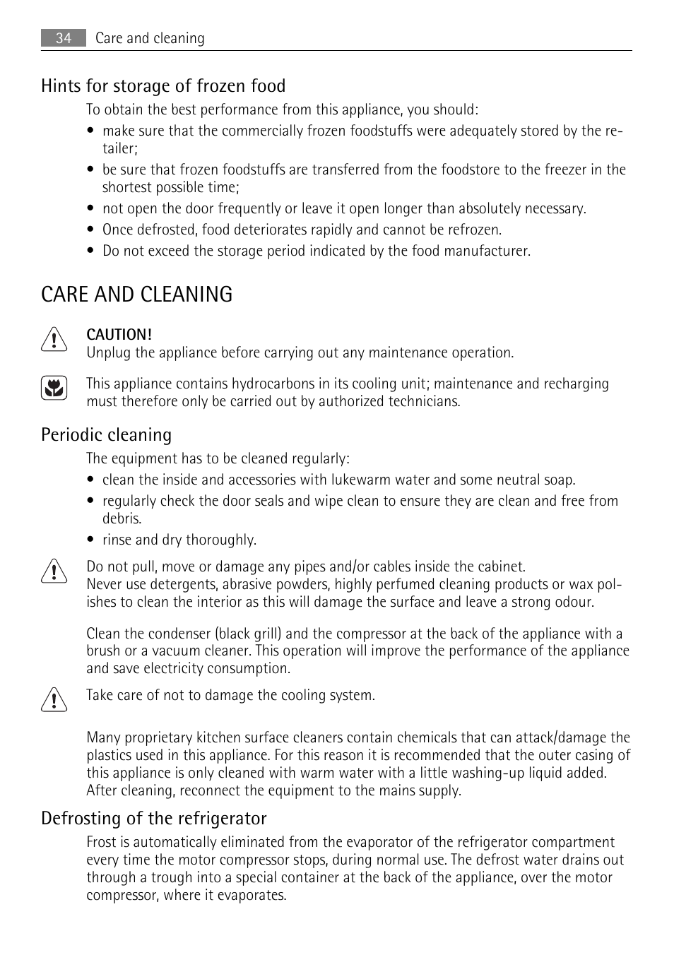 Care and cleaning, Hints for storage of frozen food, Periodic cleaning | Defrosting of the refrigerator | AEG SCN91800C1 User Manual | Page 34 / 92