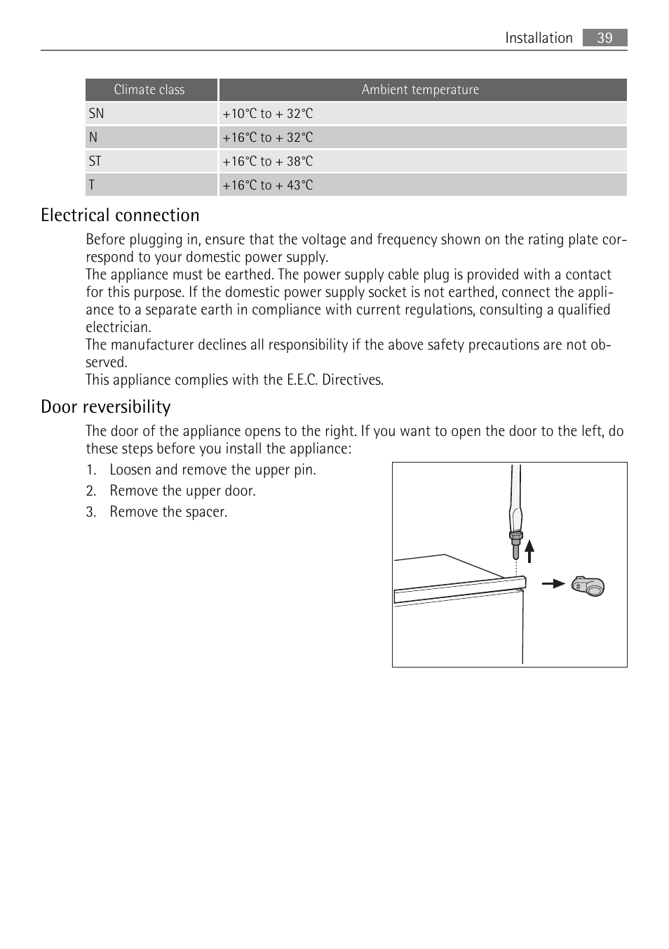 Electrical connection, Door reversibility | AEG SCN91800C1 User Manual | Page 39 / 92