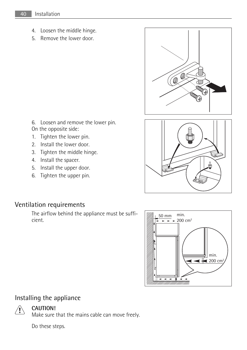 Ventilation requirements, Installing the appliance | AEG SCN91800C1 User Manual | Page 40 / 92