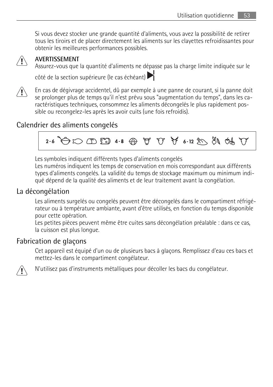 Calendrier des aliments congelés, La décongélation, Fabrication de glaçons | AEG SCN91800C1 User Manual | Page 53 / 92