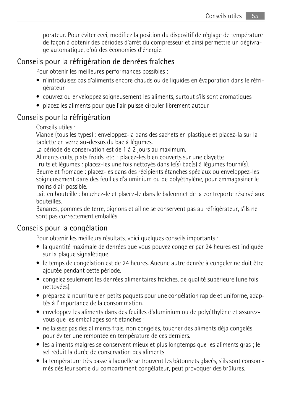 Conseils pour la réfrigération de denrées fraîches, Conseils pour la réfrigération, Conseils pour la congélation | AEG SCN91800C1 User Manual | Page 55 / 92