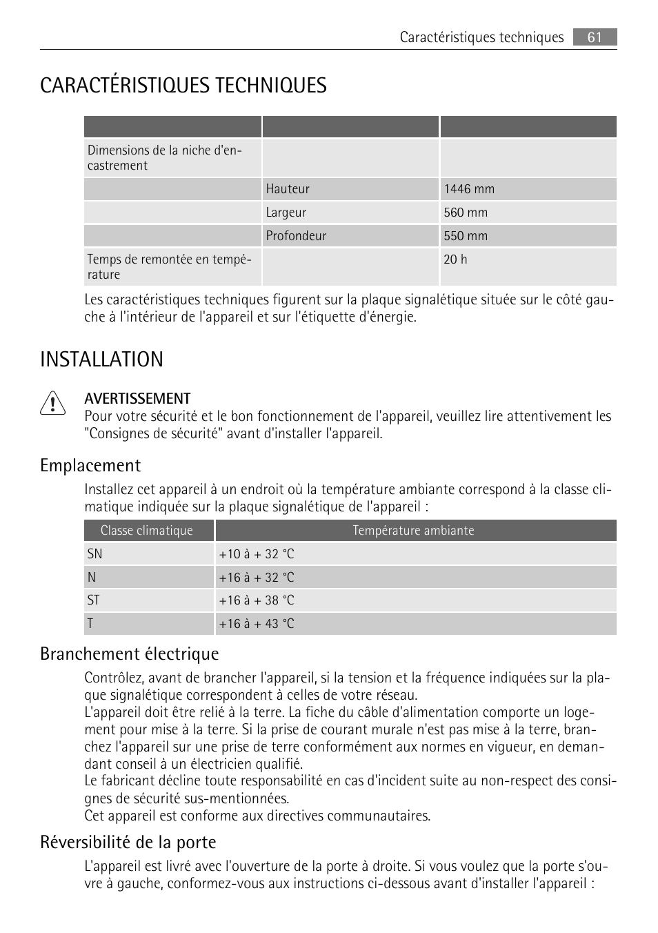 Caractéristiques techniques, Installation, Emplacement | Branchement électrique, Réversibilité de la porte | AEG SCN91800C1 User Manual | Page 61 / 92