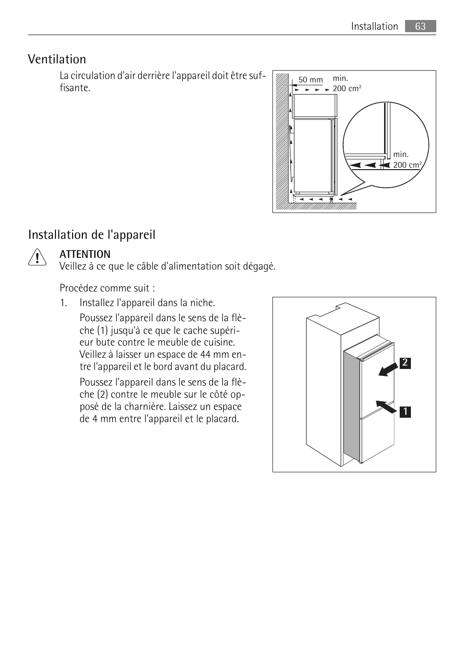 Ventilation, Installation de l'appareil | AEG SCN91800C1 User Manual | Page 63 / 92